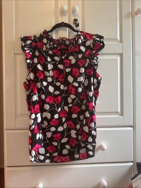 kate spade Black Sleeveless Floral Ruffle Neck Top with Pink and White Blooms